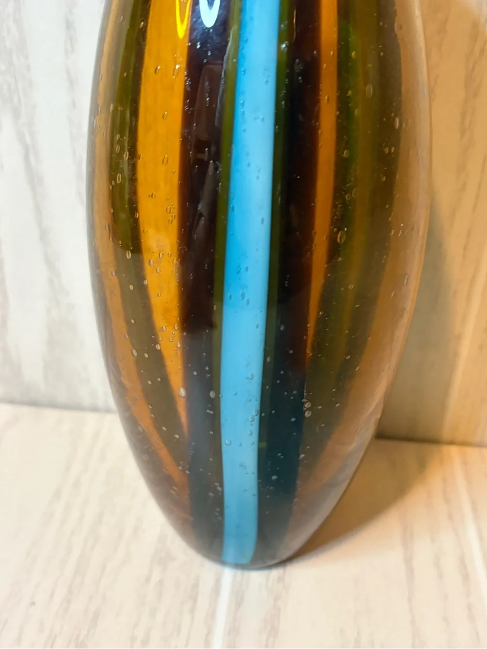 Pier 1 Amber Glass Vase with Blue Stripe Bubble Glass